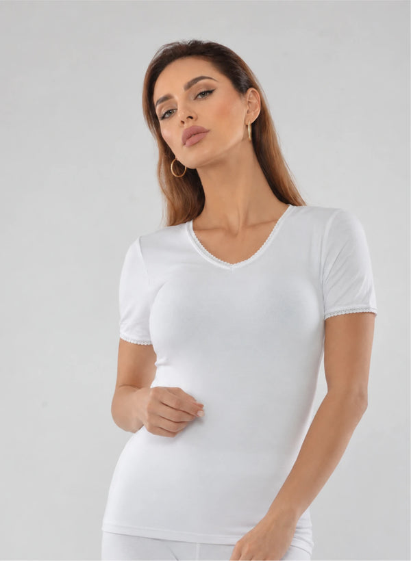 T-shirt manches courtes col v avec dentelle