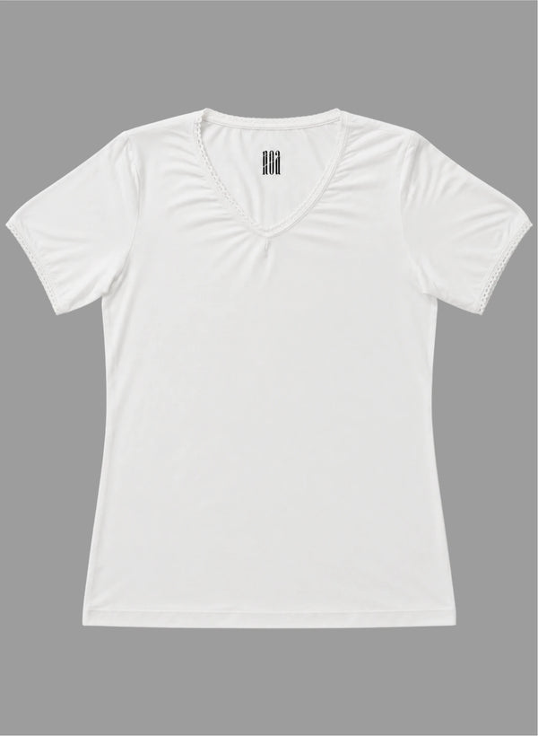 T-shirt manches courtes col v avec dentelle