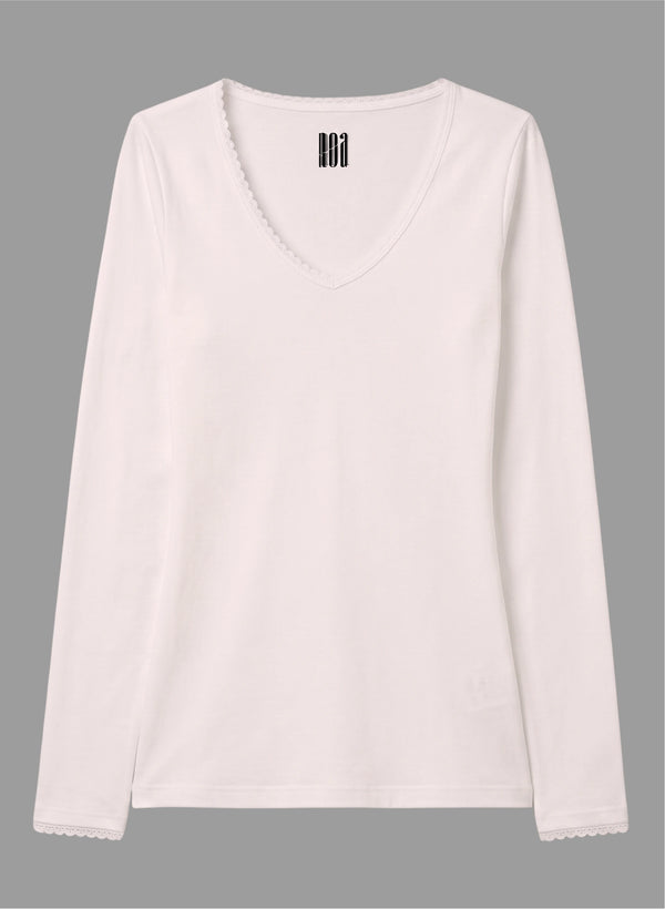 T-shirt manches longues col v avec dentelle