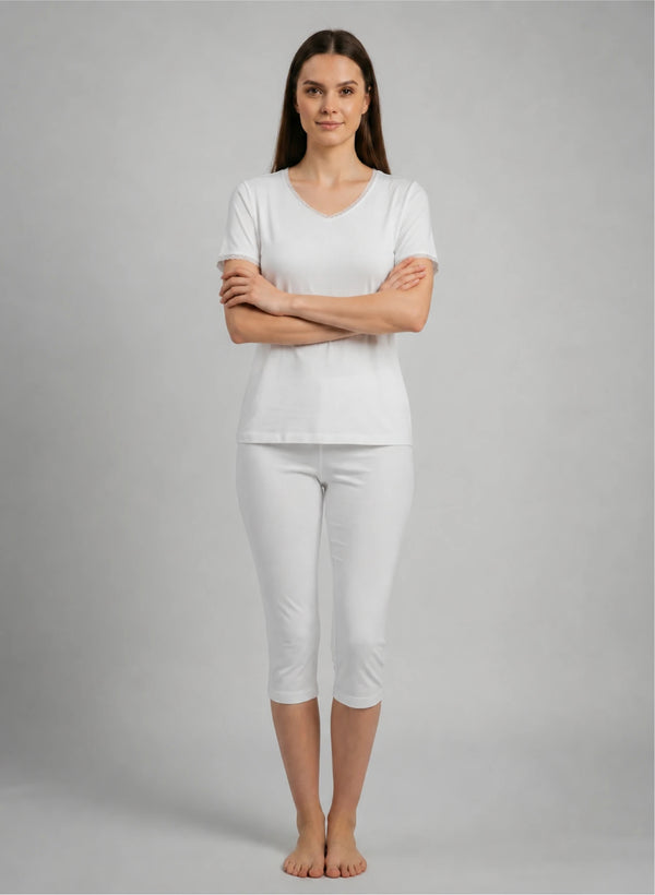 Ensemble t-shirt mc col v dentelle et corsaire