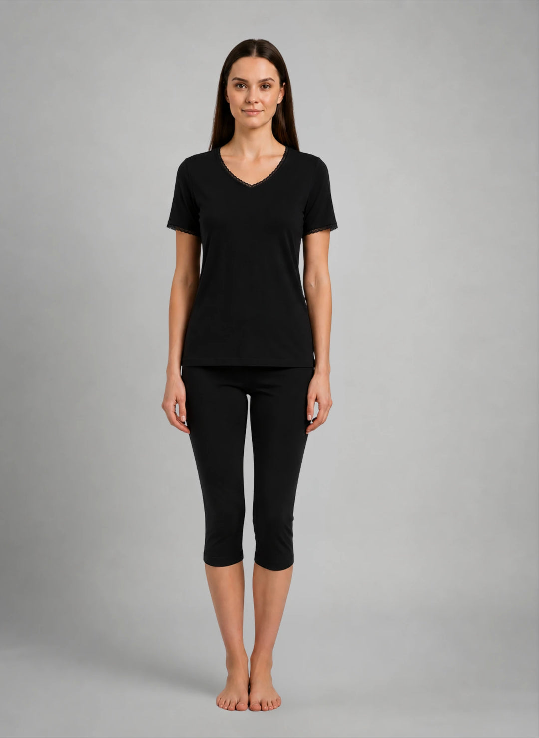 Ensemble t-shirt mc col v dentelle et corsaire