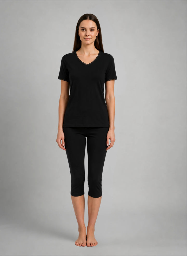 Ensemble t-shirt mc col v dentelle et corsaire