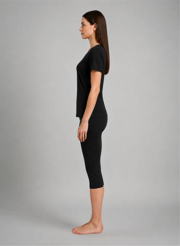 Ensemble t-shirt mc col v dentelle et corsaire