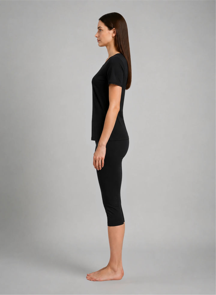 Ensemble t-shirt mc col v dentelle et corsaire