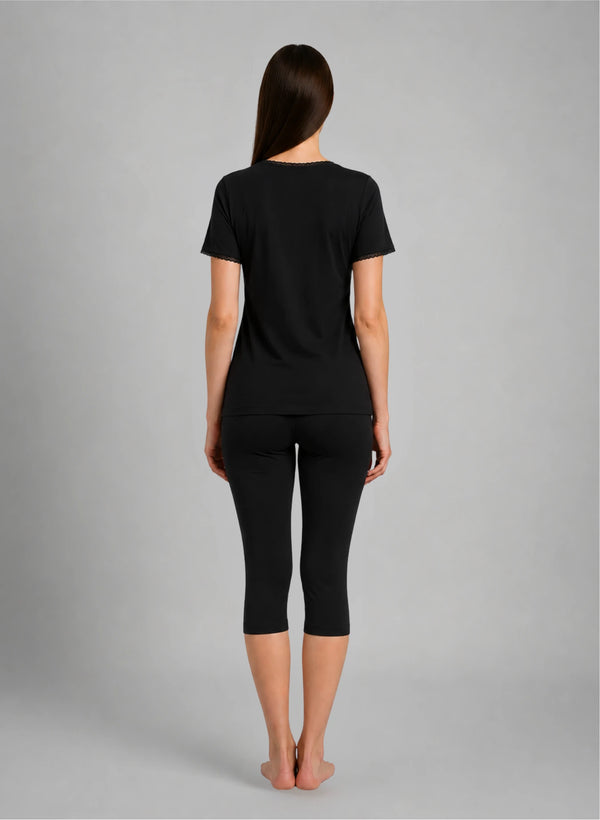 Ensemble t-shirt mc col v dentelle et corsaire