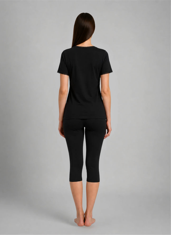 Ensemble t-shirt mc col v dentelle et corsaire