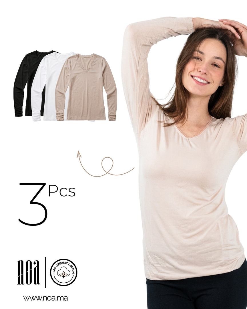 Pack 3 T-shirts Manches Longues Femme – Cols V Dentelle