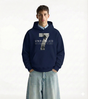 Man wearing a navy blue hoodie with 