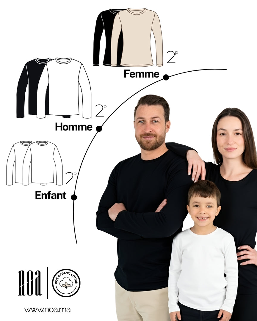 Pack Famille 6 Articles NOA – 6 T-shirts Manches Longues (ML) Coton Bio – Homme, Femme & Enfant