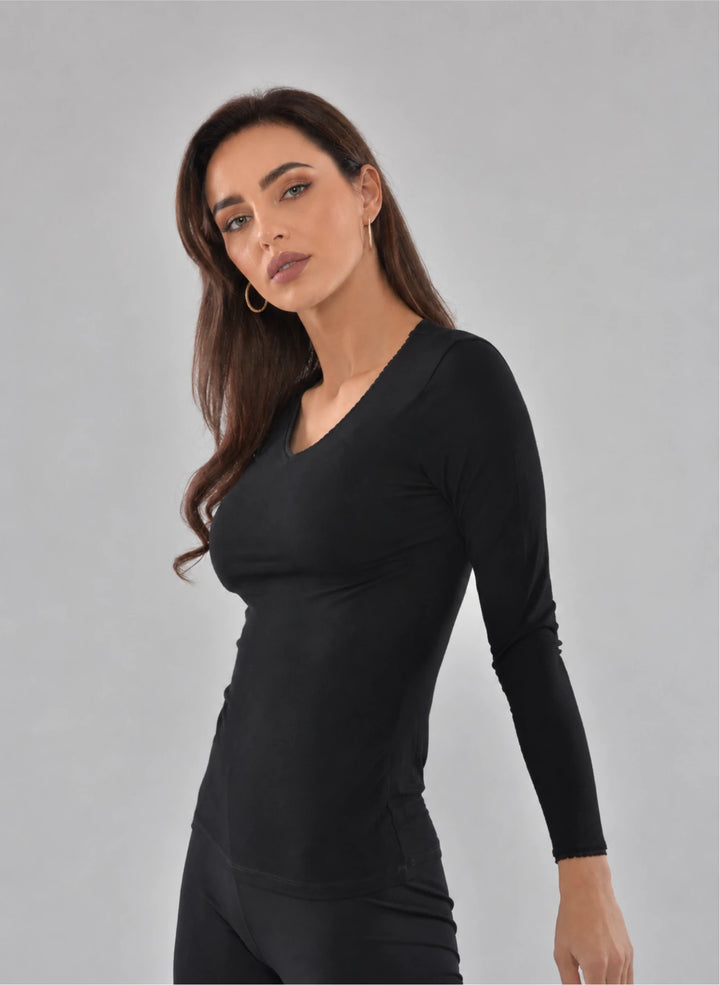 T-shirt manches longues col v avec dentelle