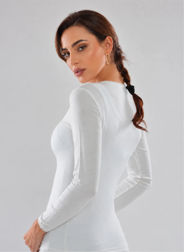 T-shirt manches longues col v avec dentelle