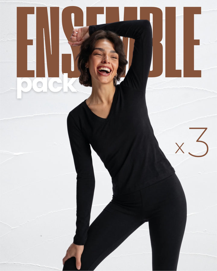 Pack 3 ensembles : T-shirts ml col v et legging