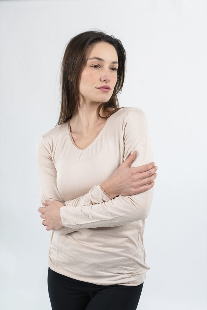 NOA Sous Vetements Tee Shirt Ml Col V Avec Dentelle – Beige